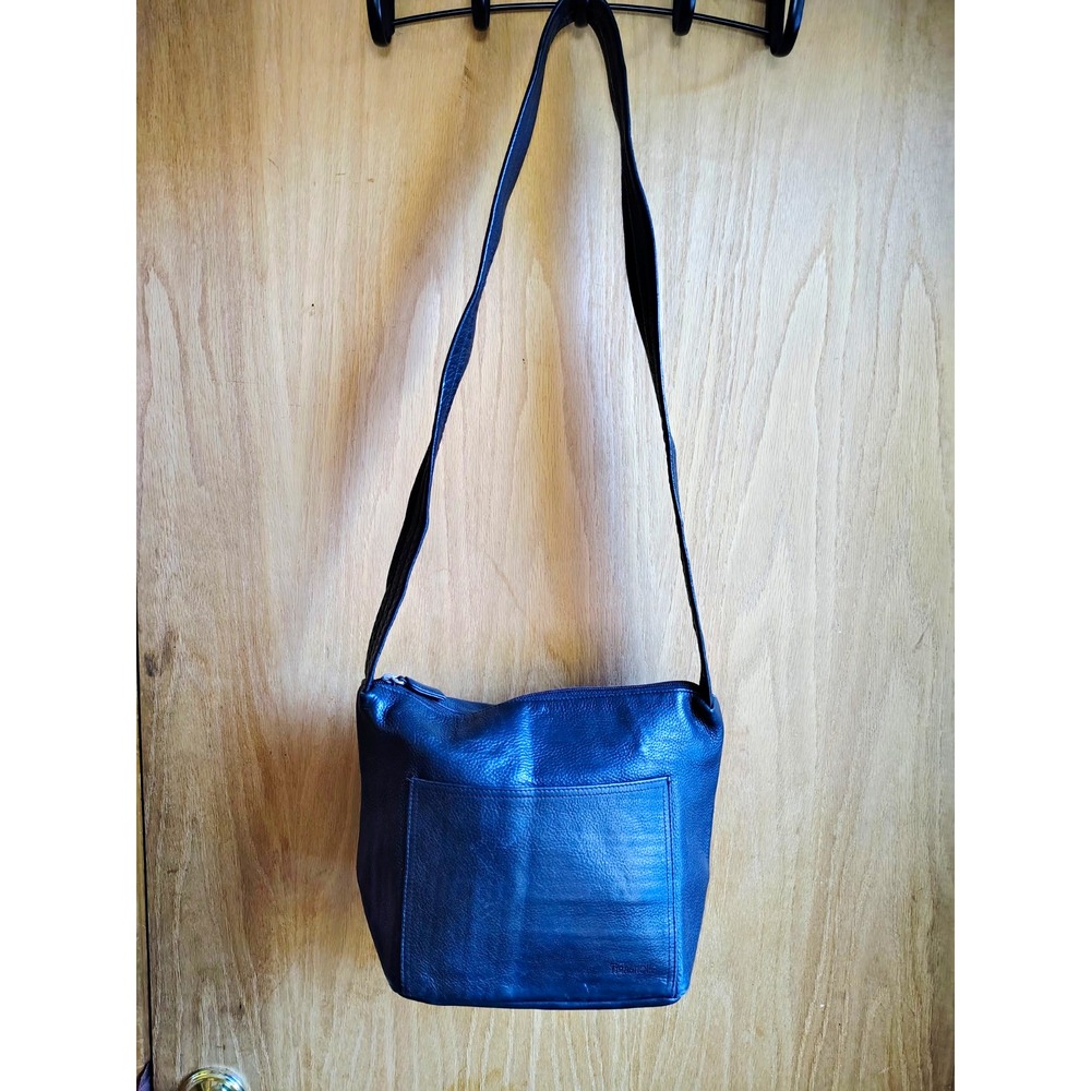 Tignanello Black Pebbled Shoulder Bag Lined Pockets Silver Hardware Real Leather